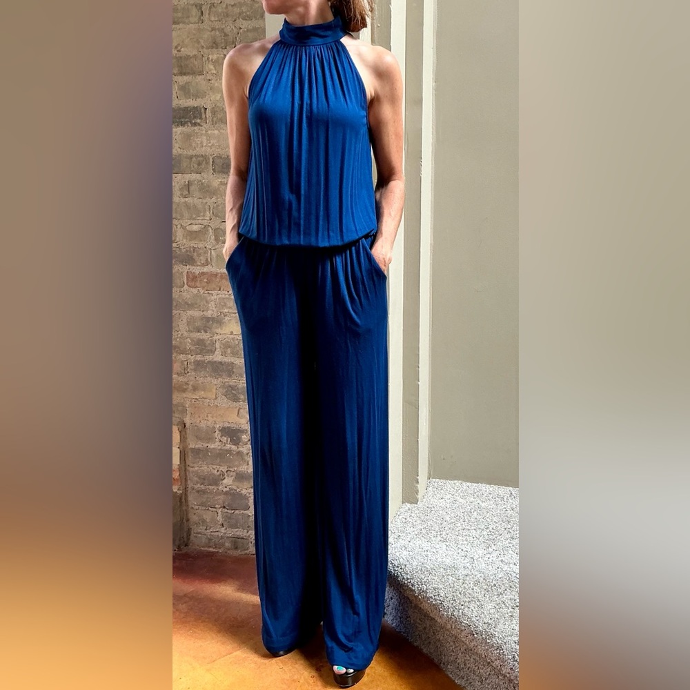 Trina Turk Royal Blue Sophisticated High Neck Onesie Pantsuit Gathered Waist 💙